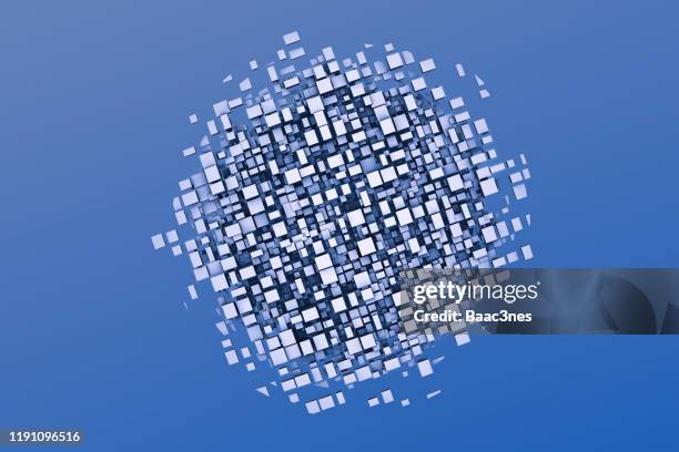 cube dissolves in pixels - containment boom stock-fotos und bilder