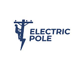 Power line repair design. Lineman and lightning bolt vector design. Lightning-shaped electric pole illustration