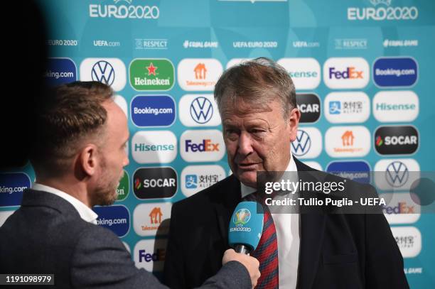 Age Hareide, head coach of Denmark meets press members after the UEFA Euro 2020 Final Draw Ceremony on November 30, 2019 in Bucharest, Romania.