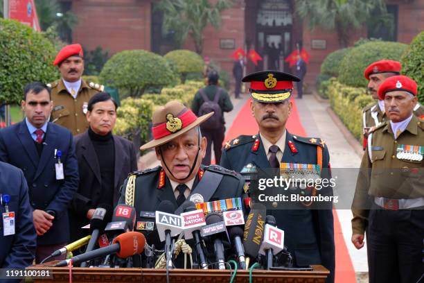 General Bipin Rawat, India's chief of defence staff, speaks to members of the media at South Block of the Central Secretariat building in New Delhi,...