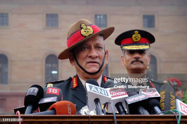 General Bipin Rawat, India's chief of defence staff, speaks to members of the media at South Block of the Central Secretariat building in New Delhi,...