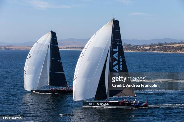 Naval Group and Chinese Whisper match racing up the in the Derwent river on December 28, 2019 during the Sydney to Hobart in Hobart, Australia.