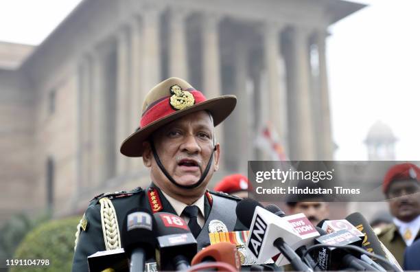 Outgoing Chief of Army Staff General Bipin Rawat addresses the media after inspecting the Guard of Honour, at South Block lawns, on December 31, 2019...