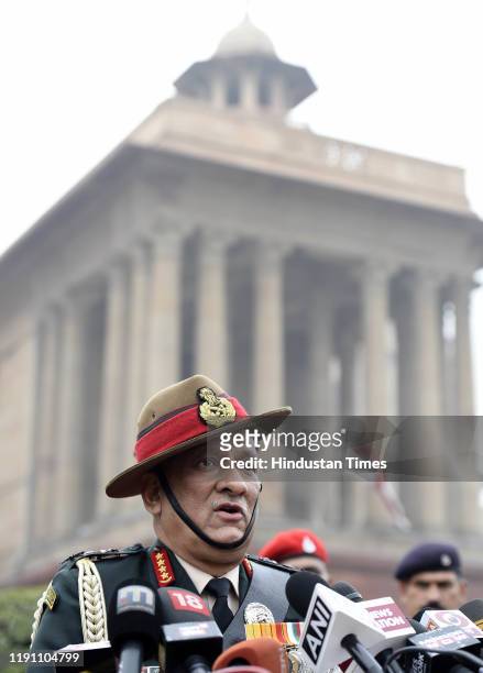 Outgoing Chief of Army Staff General Bipin Rawat addresses the media after inspecting the Guard of Honour, at South Block lawns, on December 31, 2019...