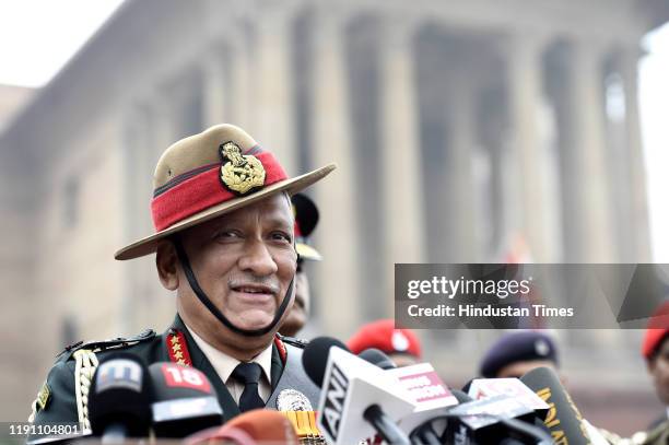 Outgoing Chief of Army Staff General Bipin Rawat addresses the media after inspecting the Guard of Honour, at South Block lawns, on December 31, 2019...