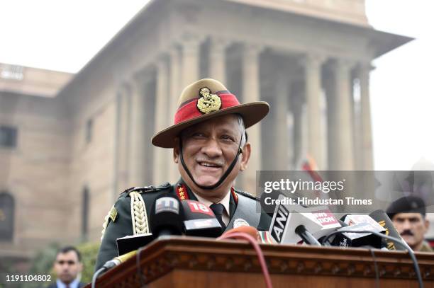 Outgoing Chief of Army Staff General Bipin Rawat addresses the media after inspecting the Guard of Honour, at South Block lawns, on December 31, 2019...