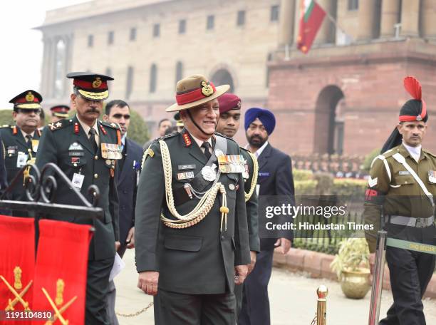 Outgoing Chief of Army Staff General Bipin Rawat after inspecting the Guard of Honour, at South Block lawns, on December 31, 2019 in New Delhi,...