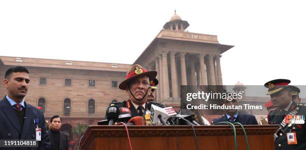 Outgoing Chief of Army Staff General Bipin Rawat addresses the media after inspecting the Guard of Honour, at South Block lawns, on December 31, 2019...