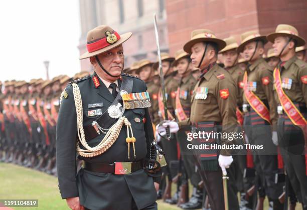 Outgoing Chief of Army Staff General Bipin Rawat inspects the Guard of Honour, at South Block lawns, on December 31, 2019 in New Delhi, India. Bipin...