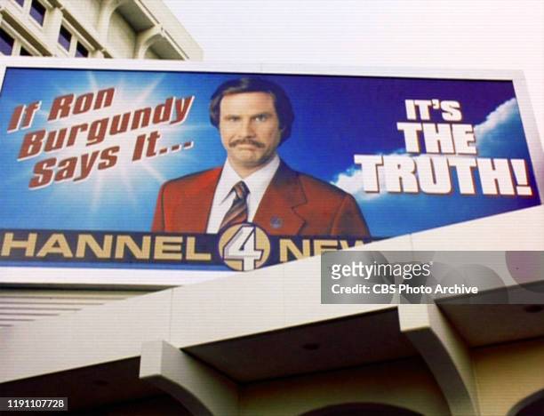 The movie "Anchorman: The Legend of Ron Burgundy", directed by Adam McKay. Seen here, a billboard featuring Ron Burgundy of KVWN-TV Channel 4 Evening...
