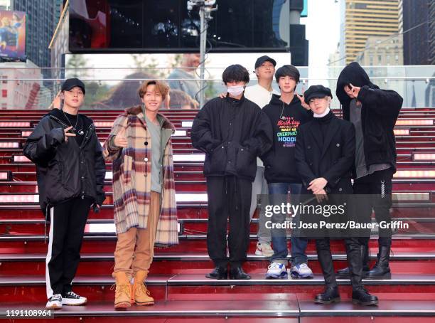 Pop band, BTS is seen in Times Square on December 31, 2019 in New York City.