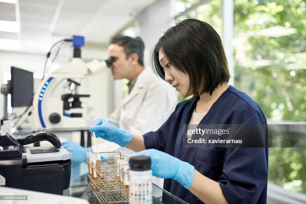 Japanese Female Pathology Technician Testing Urine Samples