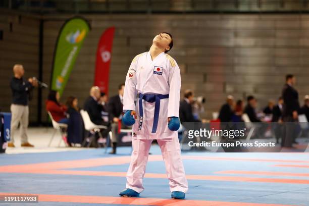 Ayumi Uekusa of Japan prepares for action against Laura Palacio Gonzalez of Spain during the Premier League of Karate 1 celebrated at Madrid Arena on...