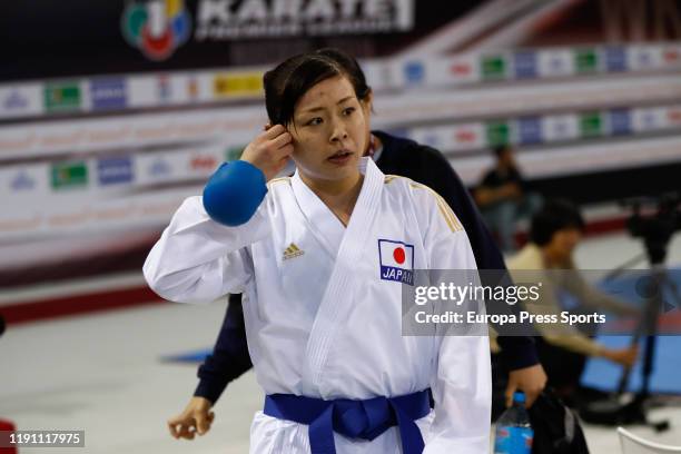 Ayumi Uekusa of Japan laments the defeat against Laura Palacio Gonzalez of Spain during the Premier League of Karate 1 celebrated at Madrid Arena on...