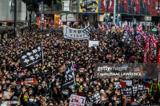 People take part in a pro-democracy march in Hong Kong on January 1, 2020. Tens of thousands of protesters marched in Hong Kong during a massive...