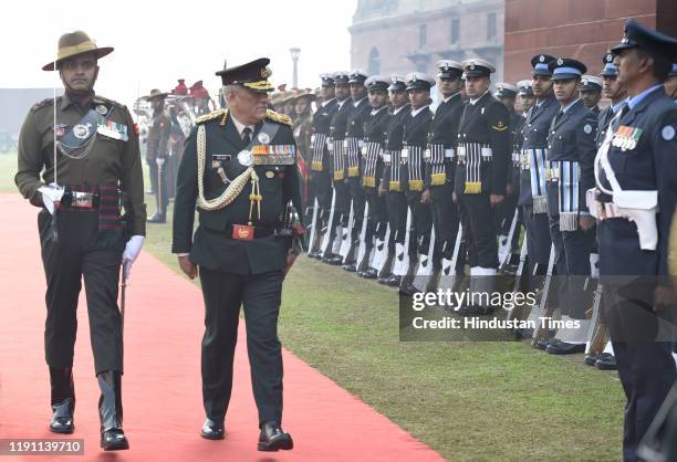 India's first Chief of Defence Staff Gen Bipin Rawat inspects the Guard of Honour, at South Block lawns, on January 1, 2020 in New Delhi, India....