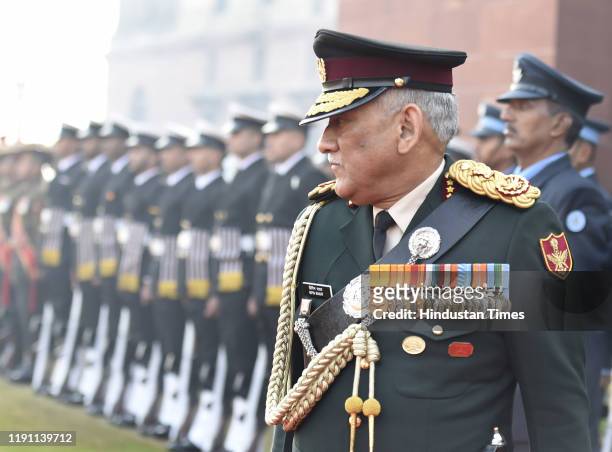 India's first Chief of Defence Staff Gen Bipin Rawat inspects the Guard of Honour, at South Block lawns, on January 1, 2020 in New Delhi, India....