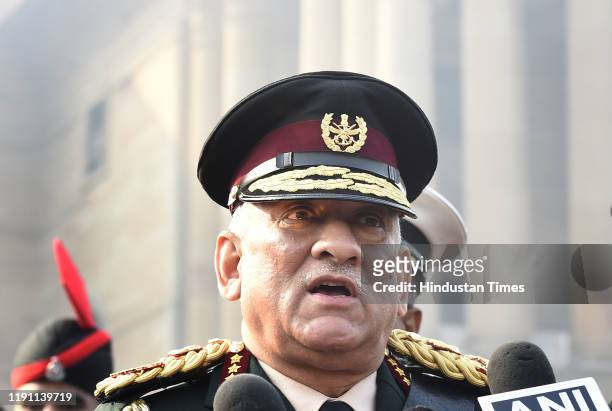 India's first Chief of Defence Staff Gen Bipin Rawat speaks to the media after inspecting the Guard of Honour, at South Block lawns, on January 1,...