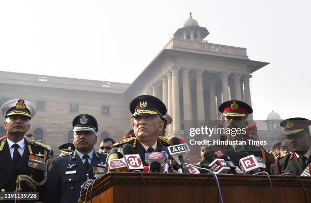 India's first Chief of Defence Staff Gen Bipin Rawat speaks to the media after inspecting the Guard of Honour, at South Block lawns, on January 1,...