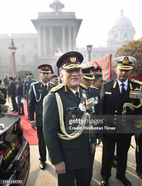 India's first Chief of Defence Staff Gen Bipin Rawat after inspecting the Guard of Honour, at South Block lawns, on January 1, 2020 in New Delhi,...