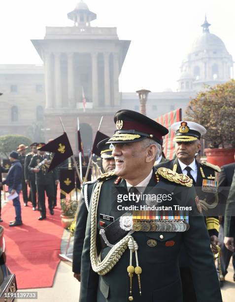 India's first Chief of Defence Staff Gen Bipin Rawat after inspecting the Guard of Honour, at South Block lawns, on January 1, 2020 in New Delhi,...
