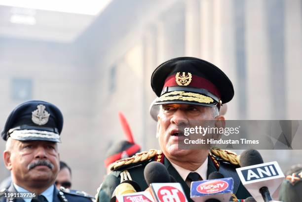India's first Chief of Defence Staff Gen Bipin Rawat speaks to the media after inspecting the Guard of Honour, at South Block lawns, on January 1,...