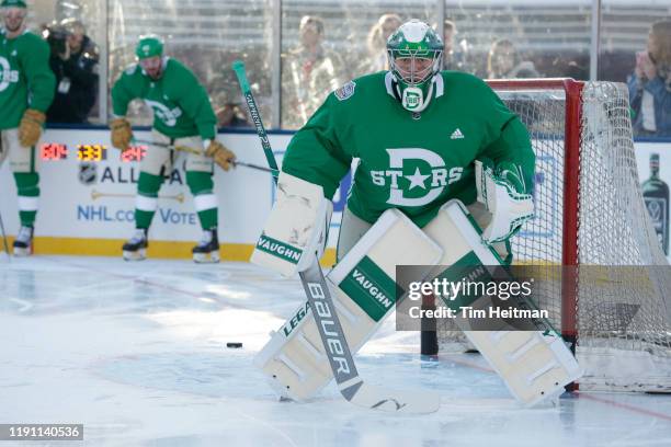 Anton Khudobin of the Dallas Stars tends goal during a practice session ahead of the 2020 NHL Winter Classic at The Cotton Bowl on December 31, 2019...