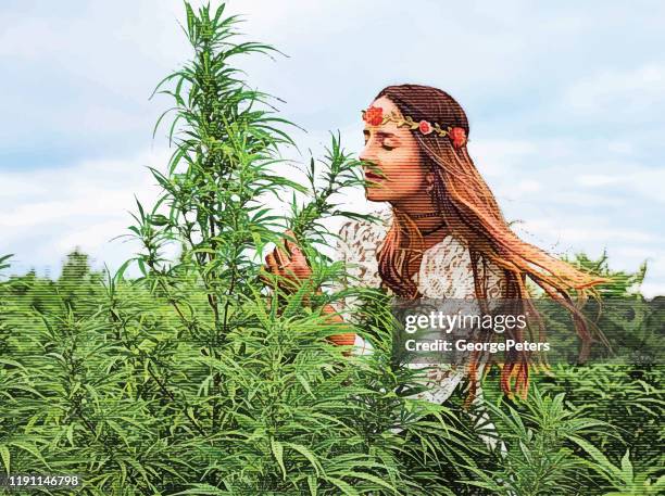 ilustrações, clipart, desenhos animados e ícones de fazendeiro novo da mulher de boho que examina plantas de cânhamo - cannabis medicinal