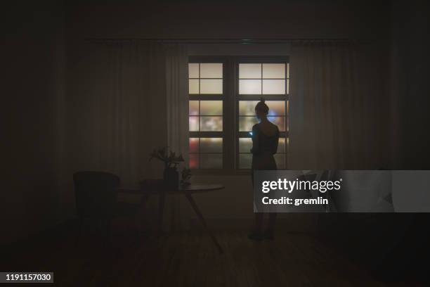 young woman texting in the living room at night - blown out window stock pictures, royalty-free photos & images