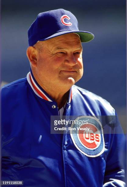 Manager Don Zimmer of the Chicago Cubs looks on during an MLB game at Wrigley Field in Chicago, Illinois during the 1989 season.
