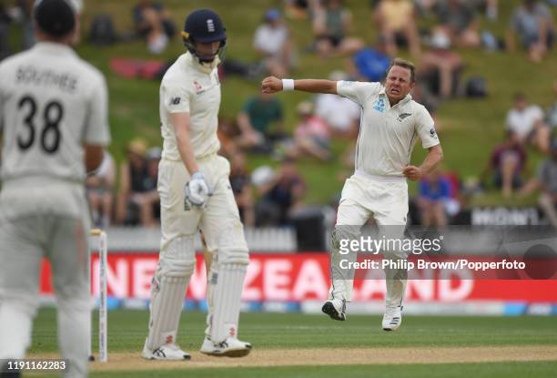 Neil Wagner of New Zealand reacts after dismissing Zac Crawley of England during day 3 of the second Test match between New Zealand and England at...