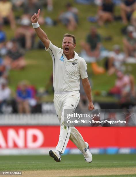 Neil Wagner of New Zealand celebrates after dismissing Zac Crawley during day 3 of the second Test match between New Zealand and England at Seddon...