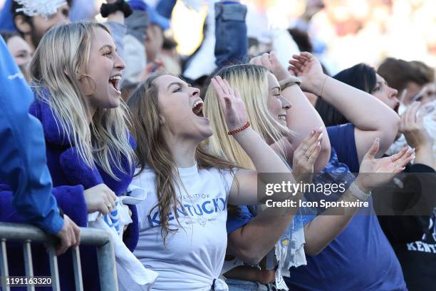 Kentucky fans celebrate after a touch down was scored to tie the game during the Belk Bowl college football game between the Virginia Tech Hokies and...