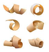 Wood shavings. Vector. Shavings from a planer, chisel, ax. Sawdust. Wood waste. Garbage in the workshop. Joiner, carpenter. Shavings from planing boards. Vector illustration. Isolated.