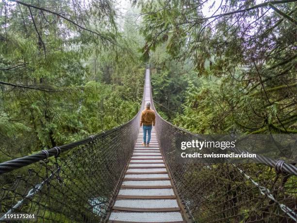 man on suspension bridge crossing canyon in rainforest, canada - vancouver bridge stock pictures, royalty-free photos & images