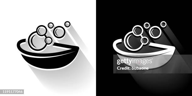 bubble soap black and white icon with long shadow - soap bubble white background stock illustrations