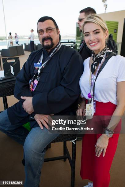 Actor Steven Seagal and German Television presenter Sarah Valentina Winkhausat in the F1 Paddock Club at the F1 Fragrance space at the Yas Marina...