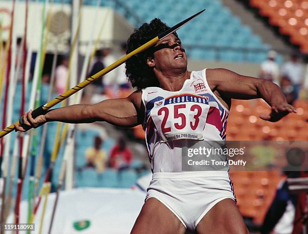 Fatima Whitbread of Great Britain during the Women's Javelin event at the XXIV Summer Olympic Games on 26th September 1988 at the Seoul Olympic...