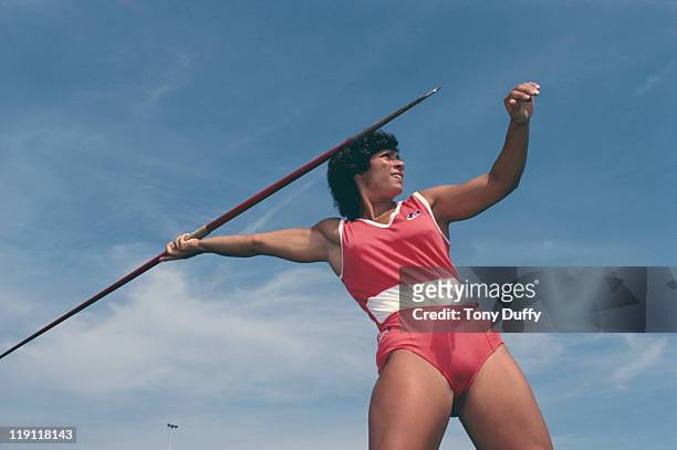 Fatima Whitbread of Great Britain throws the javelin during training on 1st June 1982 at the Crystal Palace in London, Great Britain.
