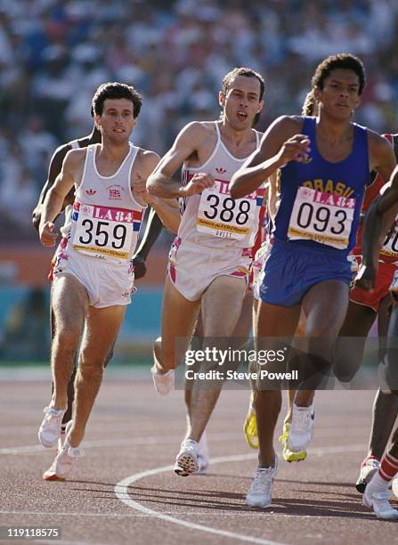Rivals Sebastian Seb Coe and Steve Ovett of Great Britain give chase to Joaquim Cruz of Brazil during the final of the Men's 800 metres event at the...