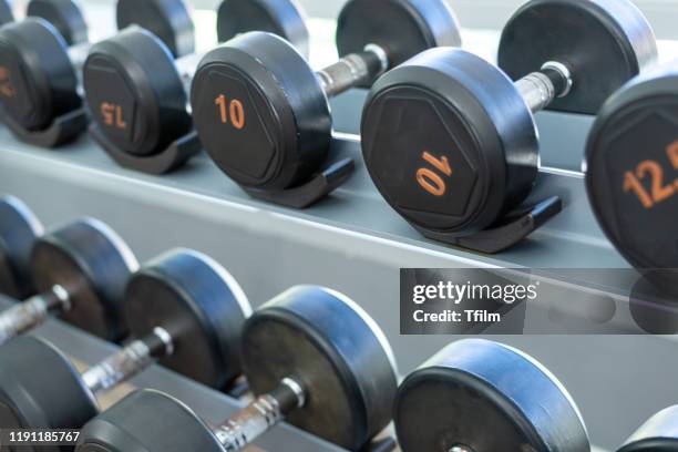 rows of black metal dumbbells in the gym, selective focus. - pound unit of mass 個照片及圖片檔