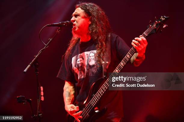 Singer Tom Araya of the band Slayer performs onstage during the band's final show of the "Final Campaign" tour at The Forum on November 30, 2019 in...