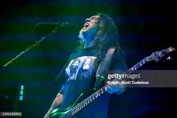 Singer Tom Araya of the band Slayer performs onstage during the band's final show of the "Final Campaign" tour at The Forum on November 30, 2019 in...