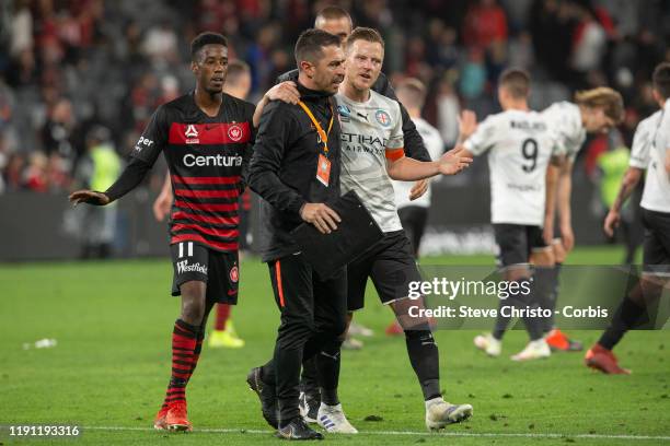 Davide Del Giovine goalkeeping of the Wanderers has a go at Melbourne City's Dean Bouzanis after the round 7 A-League match between the Western...