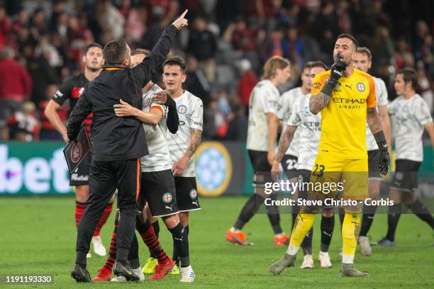 Davide Del Giovine goalkeeping of the Wanderers has a go at Melbourne City's Dean Bouzanis after the round 7 A-League match between the Western...