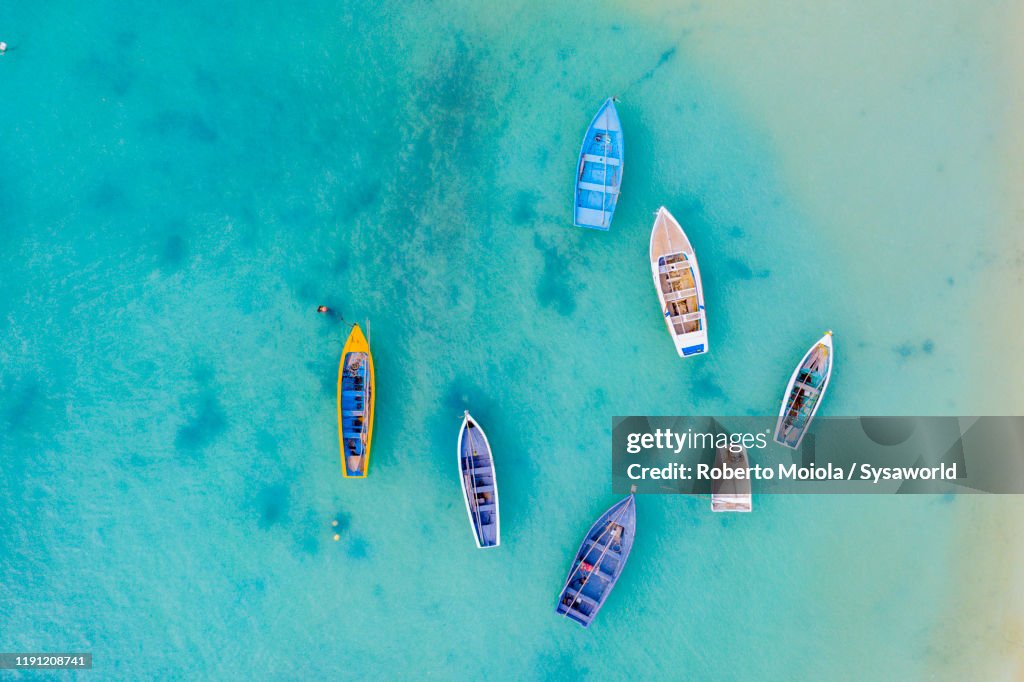 Boats in the crystal sea from above, Indian Ocean, Mauritius