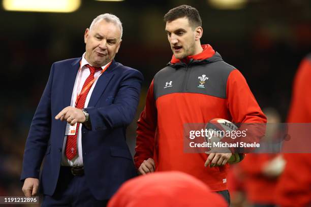 Wayne Pivac Head Coach of Wales in discussion with Technical Advisor Defence and Breakdown Sam Warburton during the International Friendly match...