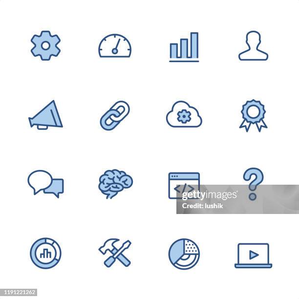 marketing - pixel perfect blue outline icons - hyperlink stock illustrations