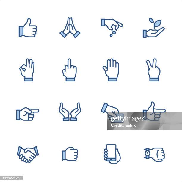 handzeichen - pixel perfect blau umriss symbole - hände verschränken stock-grafiken, -clipart, -cartoons und -symbole