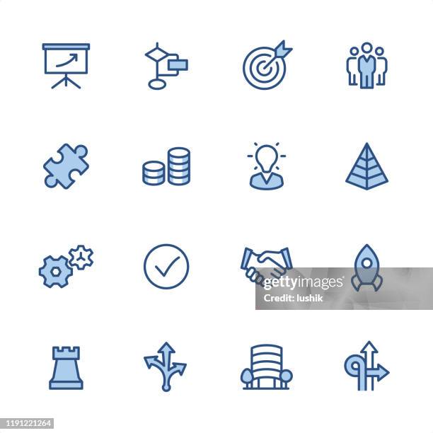 ilustraciones, imágenes clip art, dibujos animados e iconos de stock de gestión - pixel perfect iconos de contorno azul - torre pieza de ajedrez